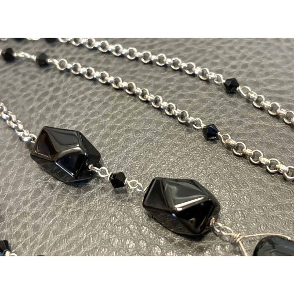 Vintage Black Onyx Glass Beads Sterling Silver Chain 